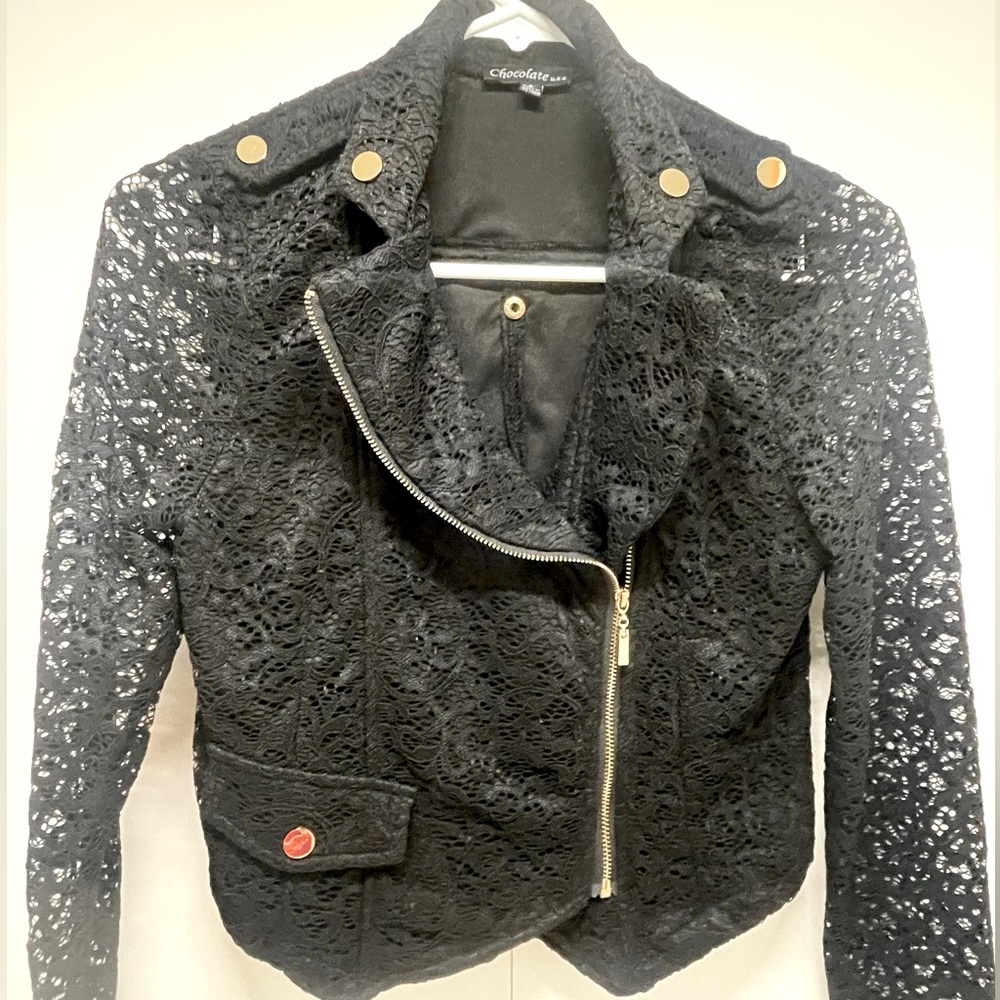 Cropped Asymmetrical Lace Biker Bomber Jacket